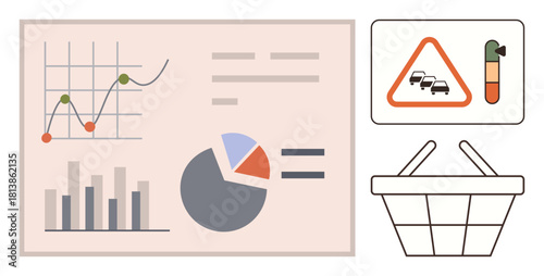 Graphs, charts, and pie diagrams paired with traffic warning indicator and basket outline. Ideal for marketing, economy, business research, traffic analysis, statistics, analytics simple flat