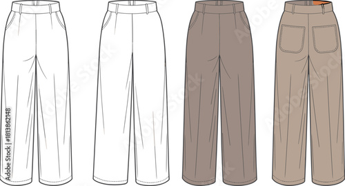 Four-stage pants fashion illustration, front and back views, colored and outline sketches, pocket and seam detail, cad drawing flat vector illustration