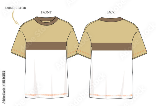 front and back sketch tees mockup, Men's  crew neck short sleeve t-shirt with dropped shoulders, white t-shirt with brown and cream combination, brown yarn dyed rib on neck and cuffs.eps10