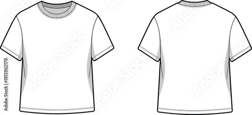 "Front and back T-shirt technical cad drawing flat vector illustration showcasing detailed stitching, seam design, fashion template, blank apparel mockup"