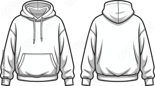 Hoodie front and back technical fashion flat sketch, detailed sweatshirt vector template with hood, pocket, drawstrings, seams, cad drawing flat vector illustration