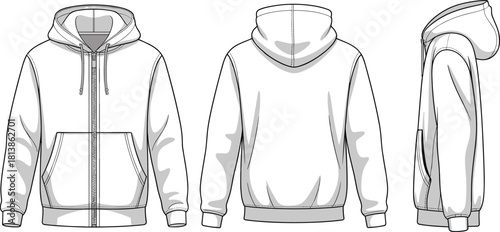 Hoodie sweatshirt technical fashion sketch with front, back and side views, detailed garment design template, cad drawing flat vector illustration