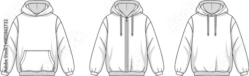 Hoodie technical fashion sketch, pullover and zip-up styles, garment design, sewing pattern, cad drawing flat vector illustration, apparel template