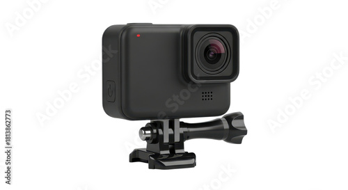 Black action camera with mount a rugged and compact device ideal for capturing adventures and extreme sports on white background