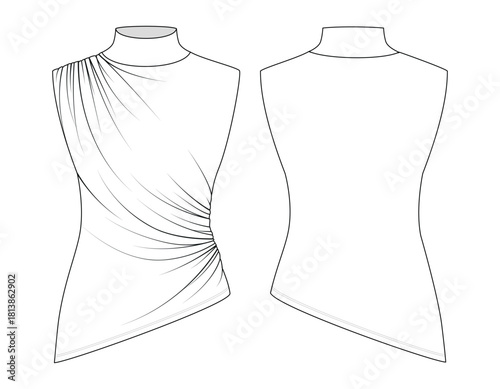 Fashion technical drawing of draped turtleneck sleeveless top with asymmetrical hem. Front and back fashion flat sketch.