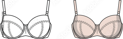 Lingerie bra front view technical sketch, detailed sewing lines fashion template, intimate apparel design, cad drawing flat vector illustration