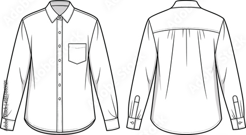 Long-sleeve button-up shirt technical fashion sketch, front and back view, collar, chest pocket, cad drawing flat vector illustration