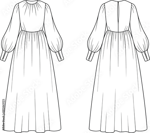 Long-sleeve gathered waist dress technical fashion sketch, front and back view, bishop sleeves, cad drawing flat vector illustration