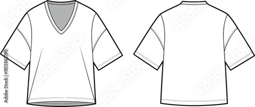 Loose fit V-neck T-shirt front and back technical fashion flat sketch for apparel design template with stitching details – cad drawing flat vector illustration