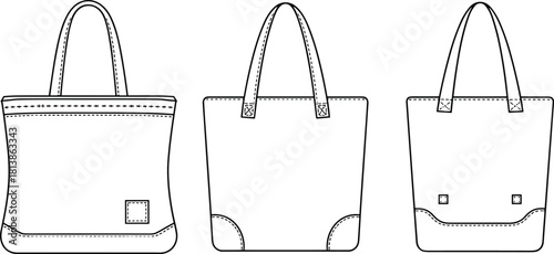 Minimalist tote bag design template, detailed stitching lines, front and back views, fashion accessory blueprint, professional CAD drawing flat vector illustration