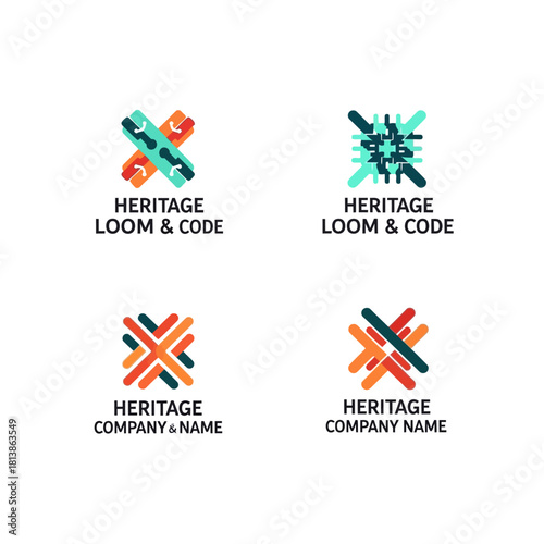 Heritage Loom and Code Logo Designs with Intersecting Lines.