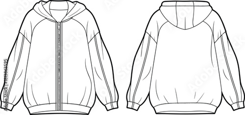 Oversized hoodie front and back technical fashion template, raglan sleeve zip up sweatshirt sketch, garment flat sketch, cad drawing flat vector illustration