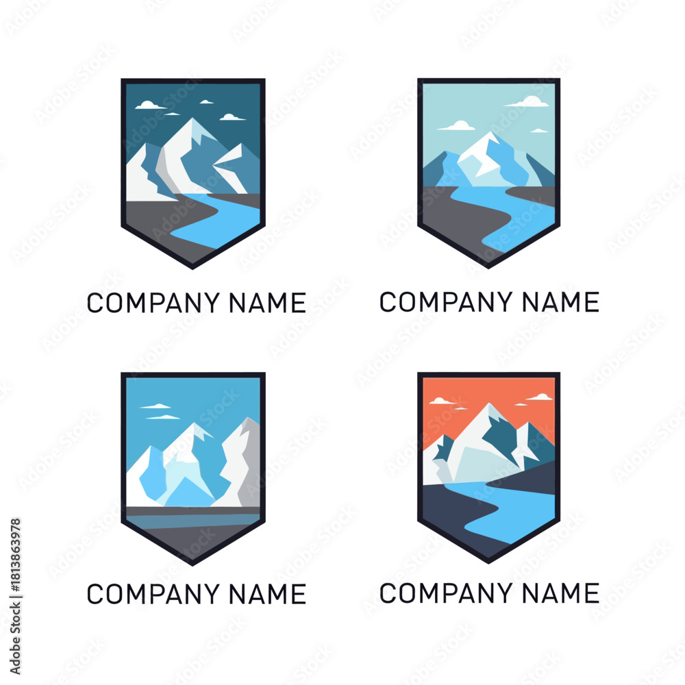 Naklejka premium Set of four mountain landscape logo emblems for company branding.