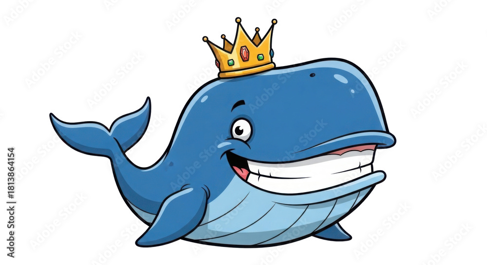 Naklejka premium Cartoon whale with big smile wearing a crown on white background