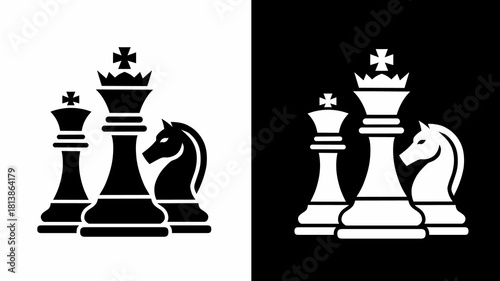 Chess Pieces Illustration: King Queen Knight in Black and White