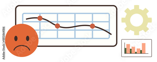 Downward trend graph, sad face, gear, bar chart. Ideal for business loss, analytics, problem-solving, failure, market downturn performance issues simple flat metaphor