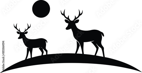 Deer Silhouettes on Hill with Sun or Moon

