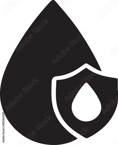 A black silhouette of a water drop is partially covered by a white shield icon, symbolizing protection or waterproof qualities.