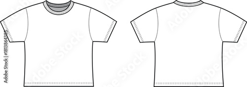 Simple classic short sleeve unisex t-shirt front and back technical fashion sketch, detailed stitching design, cad drawing flat vector illustration