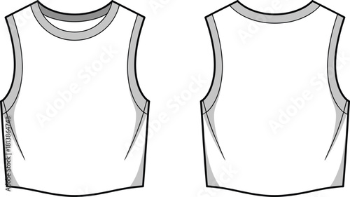 Sleeveless shirt fashion sketch, technical flat vector, garment design template, clothing construction drawing, CAD illustration front and back views