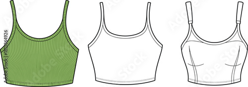 Sports bra fashion template, seamless activewear top design, technical flat sketch illustration for apparel development, ribbed fabric vector, CAD drawing flat vector illustration