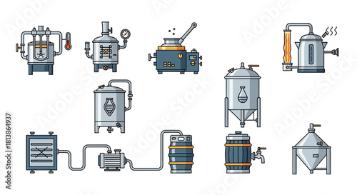 Brewery Equipment Collection Vector Icons Set.