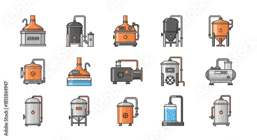 Brewery Equipment Icons Set Vector Illustration.