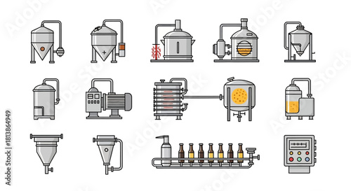 Brewery Equipment Icons Set for Craft Beer Production.