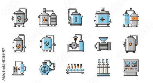 Brewery and Distillery Equipment Vector Icon Set.