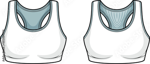 Sports bra technical fashion sketch showing front and back details, activewear garment template, clean line art, cad drawing flat vector illustration