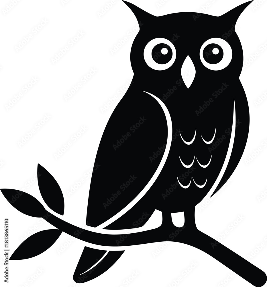 Fototapeta premium Wise Owl Perched on Branch Silhouette Icon