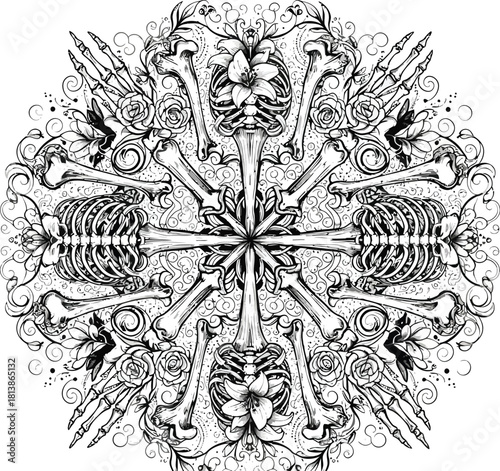 Intricate black and white mandala design featuring human skeleton bones, rib cage, hands, and floral elements arranged in a symmetrical, circular pattern, perfect for gothic or macabre art