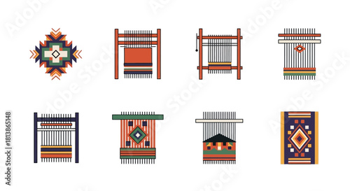 Collection of colorful weaving looms and textile patterns.