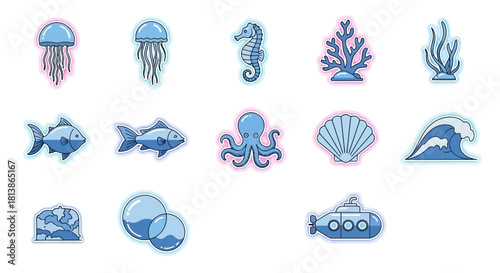 Collection of Marine Life and Objects Icons.
