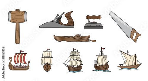 Collection of Vintage Nautical Tools and Ships.