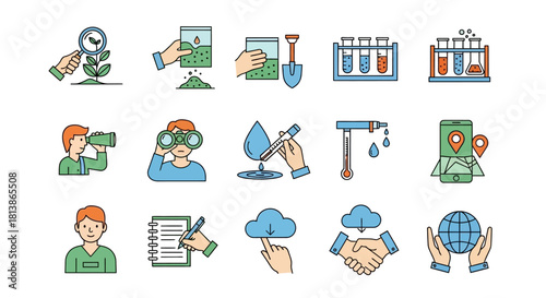 Environmental research and scientific analysis icons set.