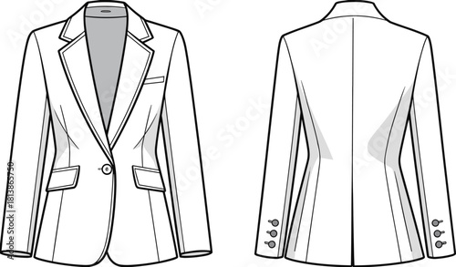 Tailored women’s blazer technical fashion sketch, front and back view, notched lapel, princess seams, sleeve buttons, cad drawing flat vector illustration