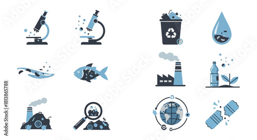 Microplastic Pollution and Environmental Contamination Icon Set.