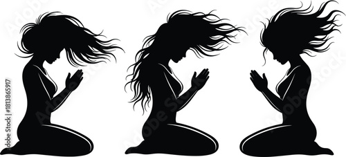 Graceful kneeling woman silhouettes with flowing hair in prayer pose, representing peace, spirituality, mindfulness, meditation, inner calm, balance, and harmony