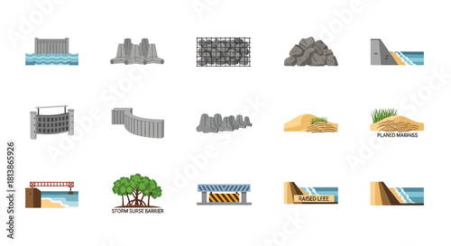 Set of various outdoor and nature-related icons, including fences, walls, trees, sand dunes, and beach scenes.