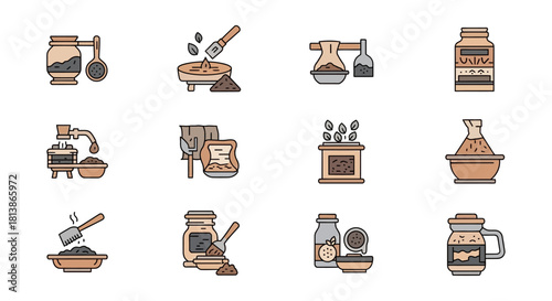 Set of twelve icons depicting various stages of coffee processing and preparation.