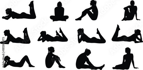 Elegant female silhouette collection showing various relaxed poses, seated positions, and lying postures, perfect for creative design, wellness themes, and artistic projects