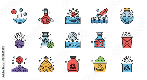 Set of water pollution and environmental contamination icons.