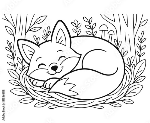 Sleeping fox curled up in nest with mushrooms and leaves coloring page vector