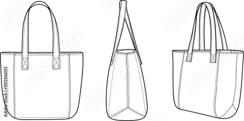 Tote bag technical sketch, front side rear view, fashion design, sewing pattern, cad drawing flat vector illustration, accessory template