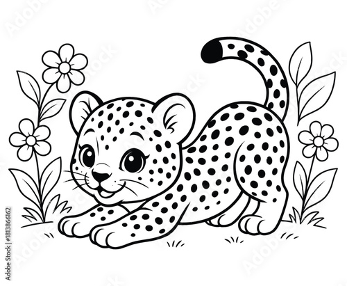 Playful cheetah cartoon cub stretching with flowers and leaves in grassy clearing