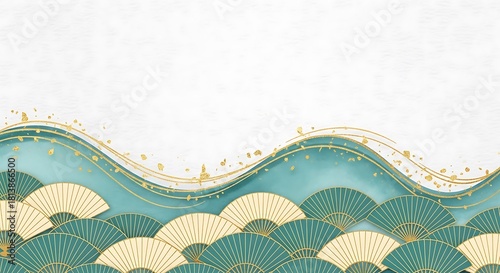 Elegant Teal and Gold Japanese Fan Waves Pattern with Subtle Glitter Accents