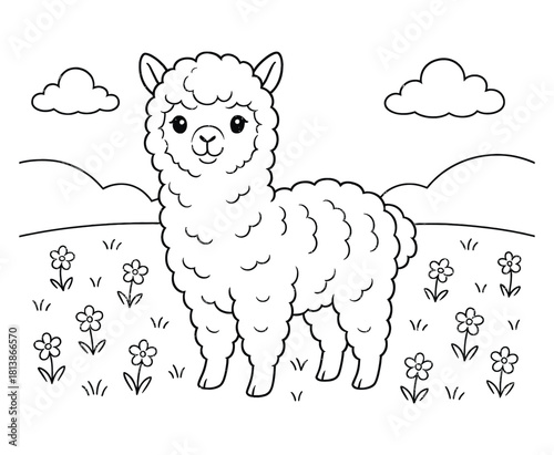 Cute alpaca cartoon standing on meadow with flowers outline vector