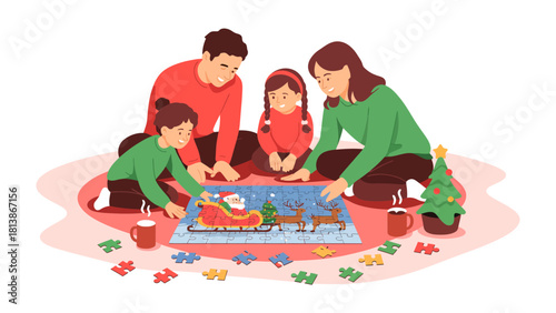 Christmas Puzzle: A family gathers to solve a Christmas puzzle, the warmth of the season fills the room, creating an atmosphere of togetherness and joy.