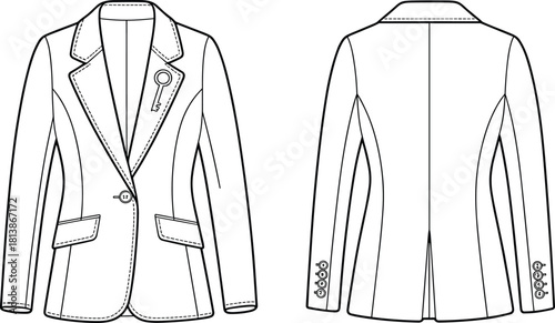 Women’s blazer fashion sketch, technical flat vector, garment design template, clothing construction drawing, CAD illustration front and back views